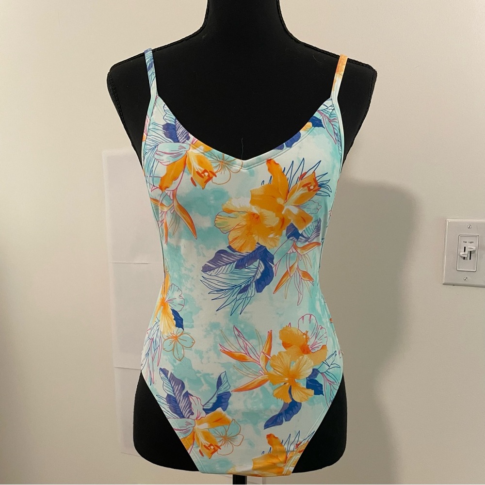 Xhiliration One Piece High Cut Low Back Tropical Print Swimsuit